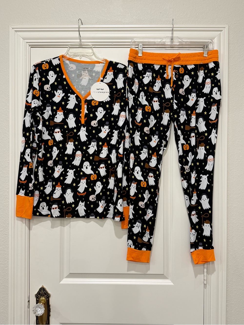 Little Sleepies Black & Orange Ghost Print Pajama Set- M top S bottom